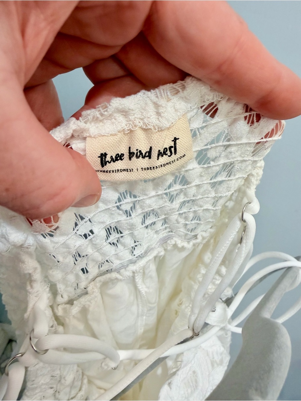 Three Bird Nest White Lace Bralette  Eyelet Maxi Dress Slit Spaghetti Strap Boho - Picture 9 of 13